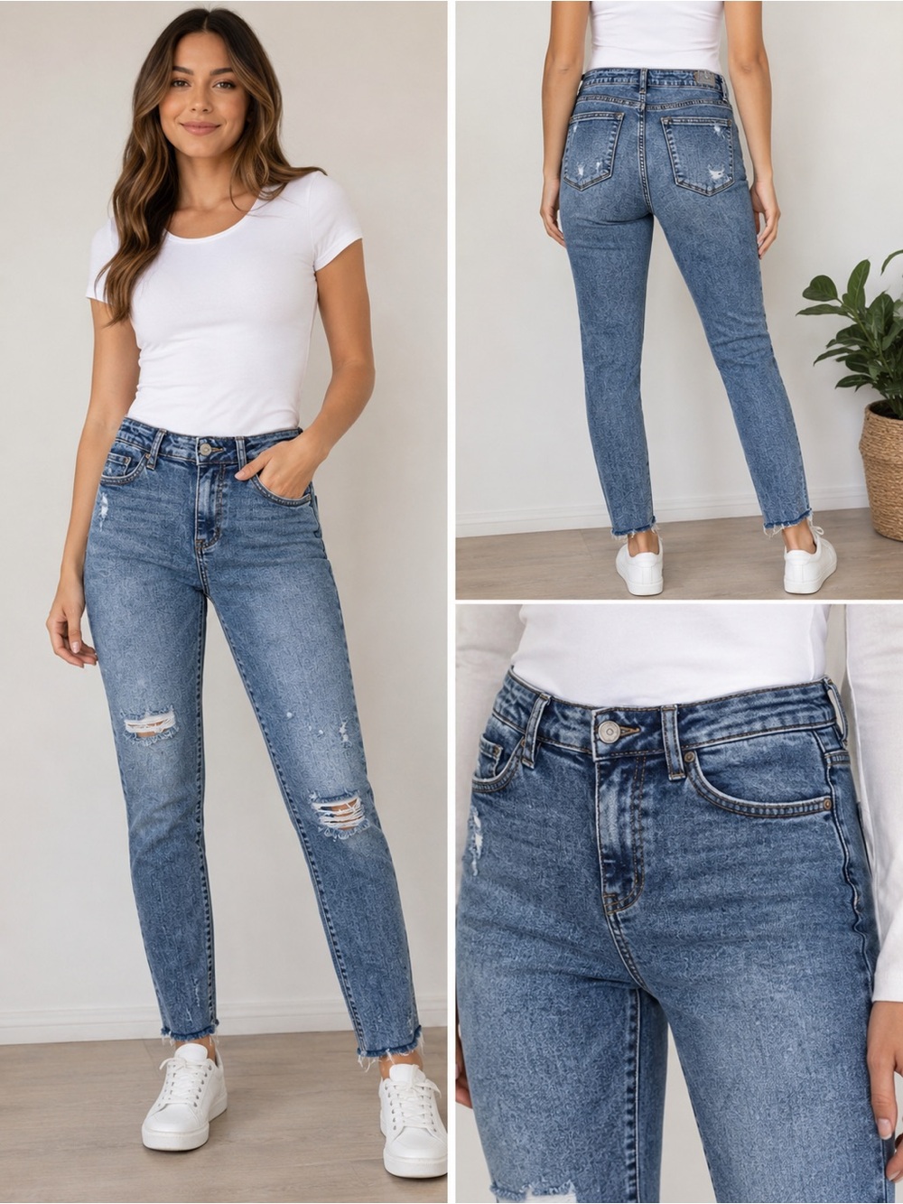 Judy Blue Medium Blue High-Rise Distressed Slim Straight Jeans